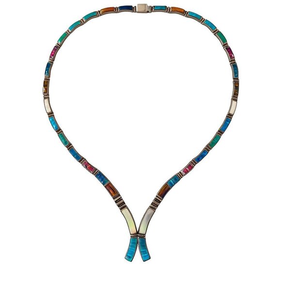E. Luna Taxco Mexico .950 Silver Multicolor Lab Opal Inlay Necklace & Bracelet - Picture 2 of 8
